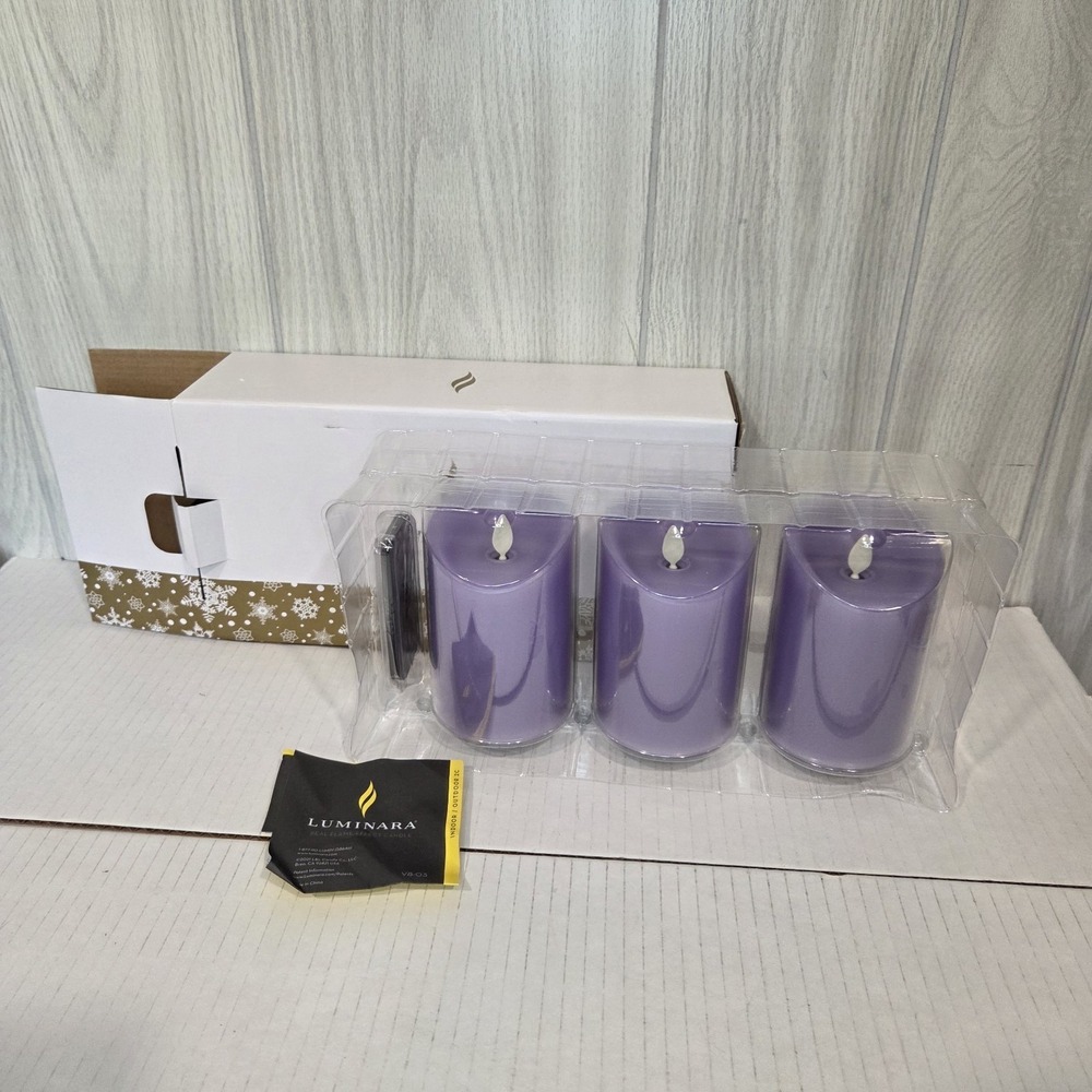 Luminara Set of 3 Flameless Candles Wisteria Purple 4", 5", 6", Remote, Gift Box